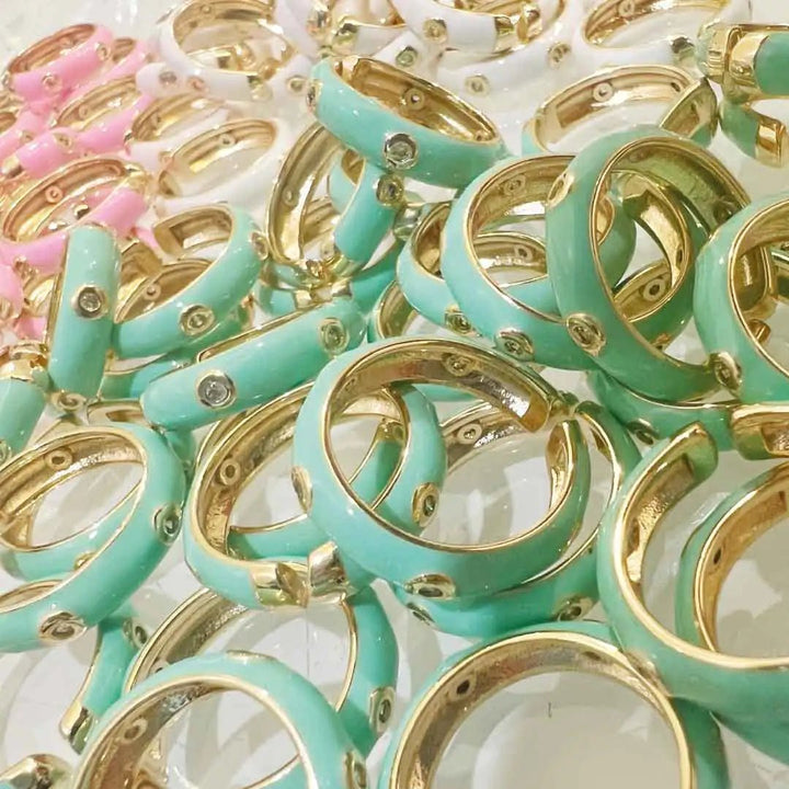 Enamel Adjustable Open Ring – Gold - Tone Dome Band with Bezel CZ Accents, Minimalist Stackable Jewelry - Whimsical Shoppe