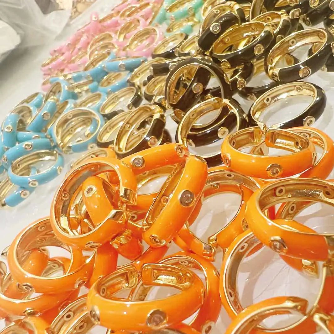 Enamel Adjustable Open Ring – Gold - Tone Dome Band with Bezel CZ Accents, Minimalist Stackable Jewelry - Whimsical Shoppe