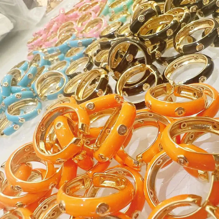 Enamel Adjustable Open Ring – Gold - Tone Dome Band with Bezel CZ Accents, Minimalist Stackable Jewelry - Whimsical Shoppe