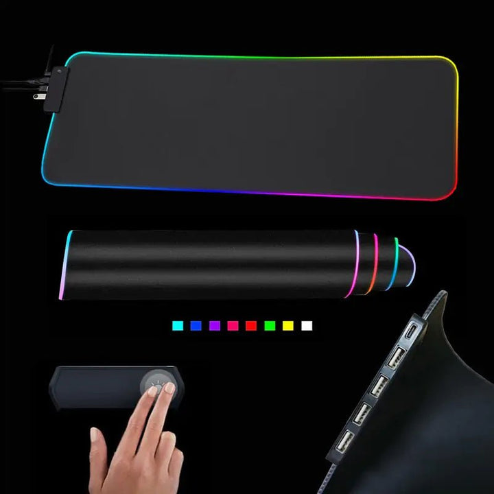 Extended RGB mouse pad for gamers! Features bright LED lighting, gel - filled wrist rest, non - slip base, and built - in USB hub (1x or 4x ports). Ultimate ergonomic setup. - Whimsical Shoppe