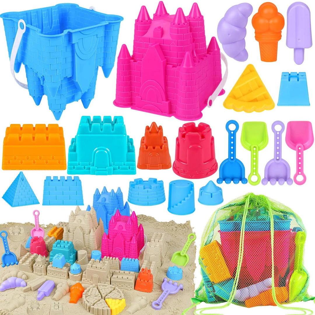 FUSPWEAO Beach & Sand Castle Toys Set – 2 Castle Buckets, Mesh Bag, Molds, Shovels & Rakes (Kids 3–10) - Whimsical Shoppe