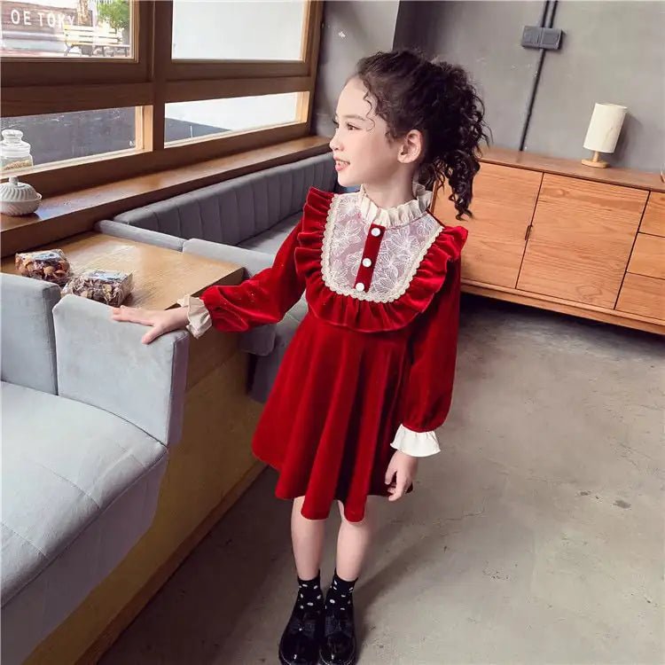 Girls Christmas Red Velvet Dress - Long Sleeve Cotton Blend (110 - 160cm) - Whimsical Shoppe