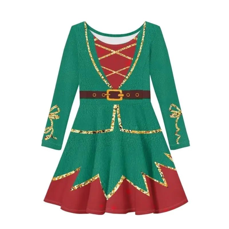 Girls' Christmas Swing Dress - Green, Gold & Red Print (Size 6, 3 - 4T) - Whimsical Shoppe