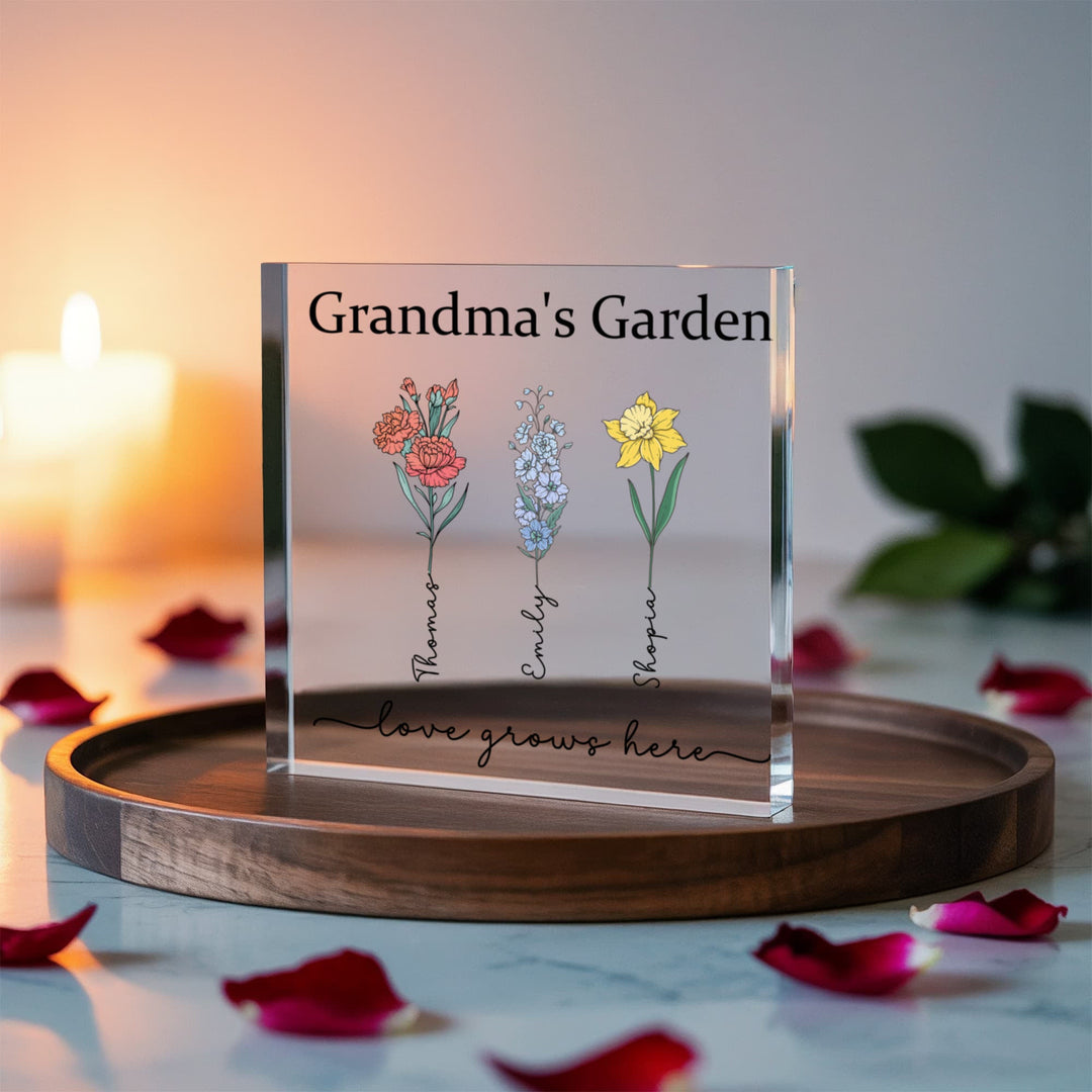 Grandma’s Garden Personalized Acrylic Block – Custom Grandkids Names & Flowers, Gift for Grandma Nana Mimi - Whimsical Shoppe