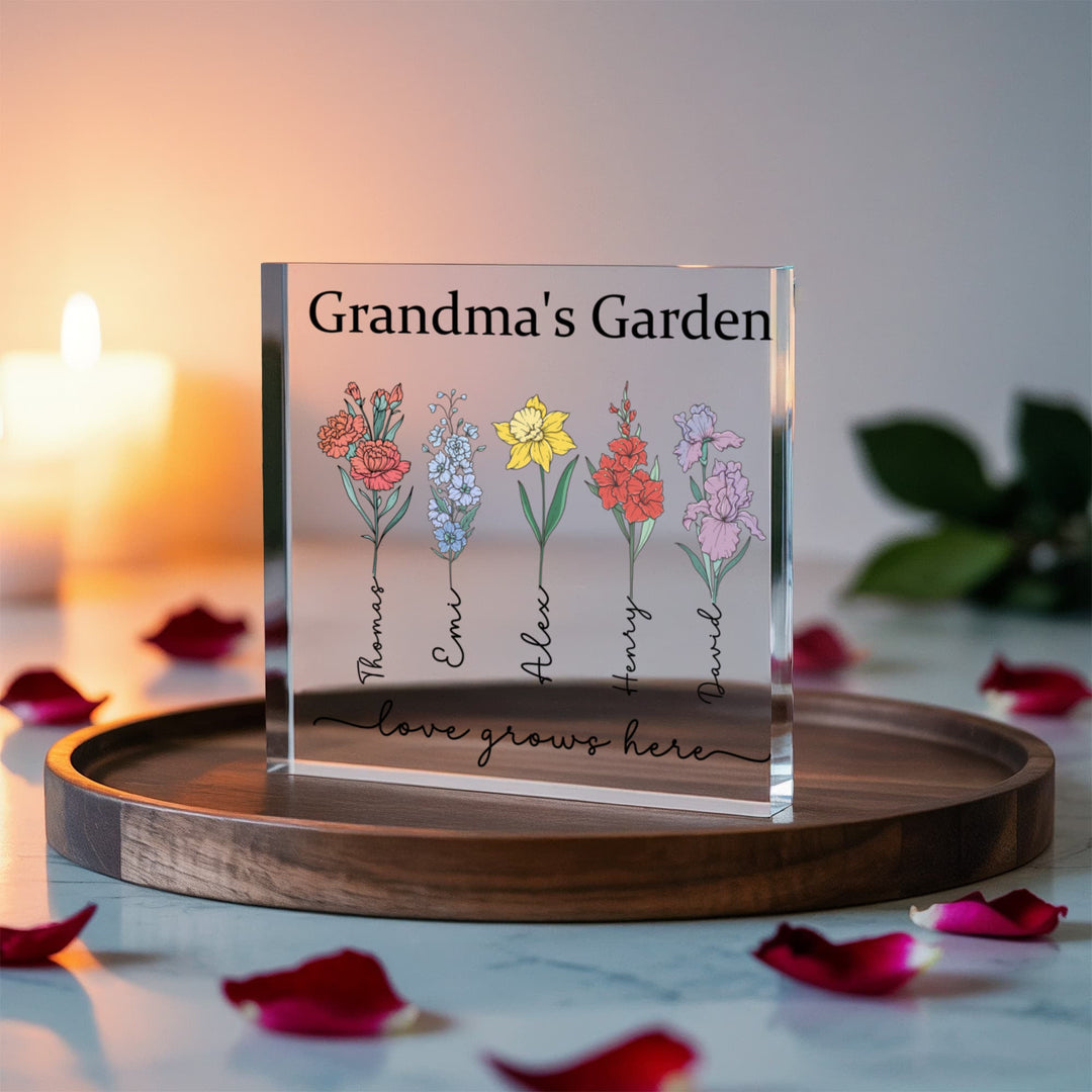 Grandma’s Garden Personalized Acrylic Block – Custom Grandkids Names & Flowers, Gift for Grandma Nana Mimi - Whimsical Shoppe