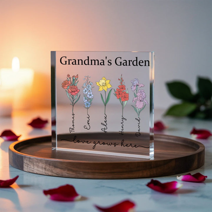 Grandma’s Garden Personalized Acrylic Block – Custom Grandkids Names & Flowers, Gift for Grandma Nana Mimi - Whimsical Shoppe