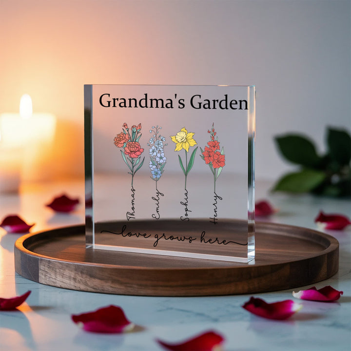 Grandma’s Garden Personalized Acrylic Block – Custom Grandkids Names & Flowers, Gift for Grandma Nana Mimi - Whimsical Shoppe