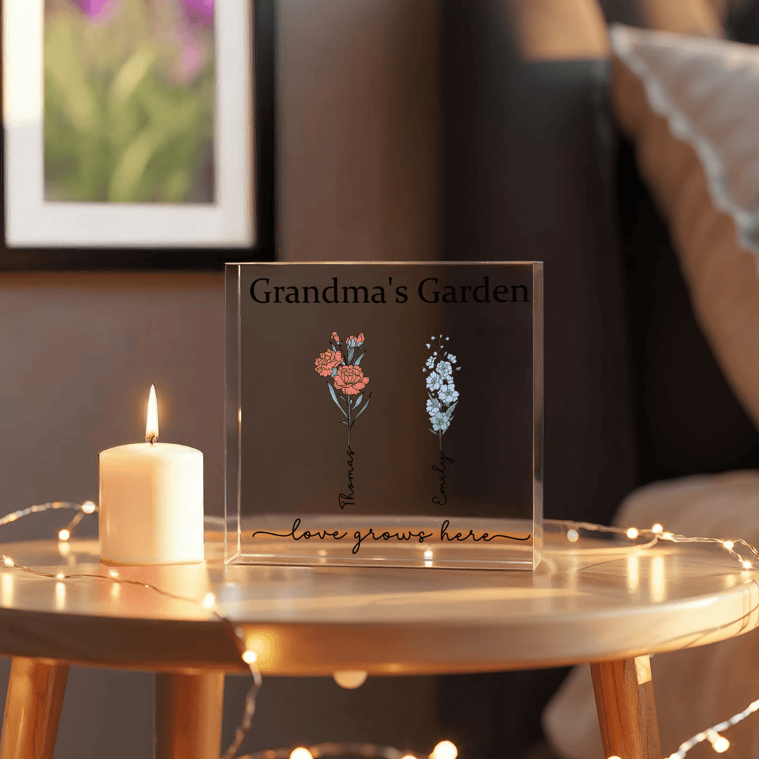 Grandma’s Garden Personalized Acrylic Block – Custom Grandkids Names & Flowers, Gift for Grandma Nana Mimi - Whimsical Shoppe