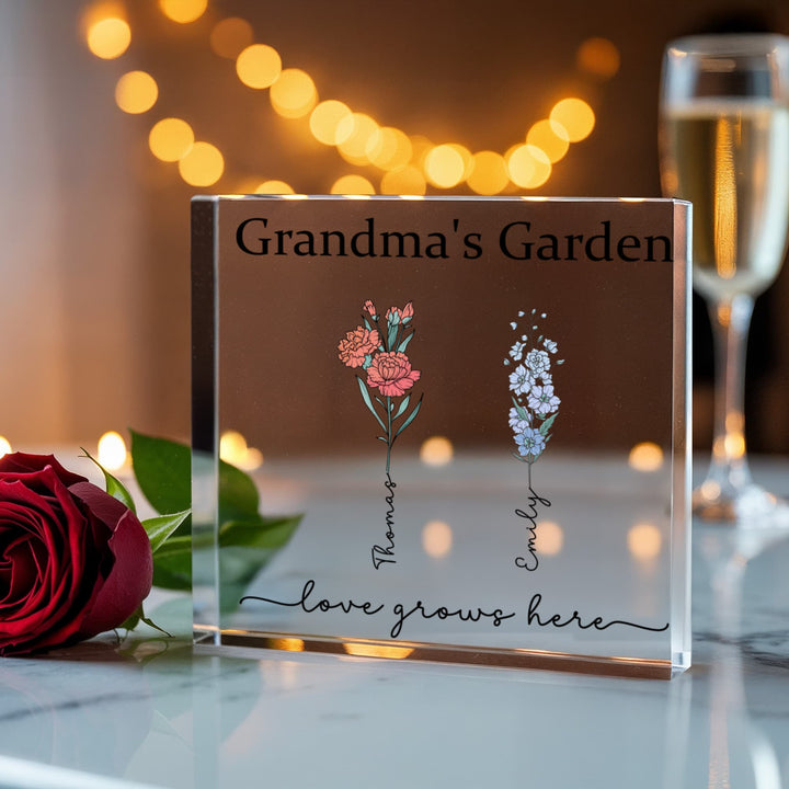 Grandma’s Garden Personalized Acrylic Block – Custom Grandkids Names & Flowers, Gift for Grandma Nana Mimi - Whimsical Shoppe