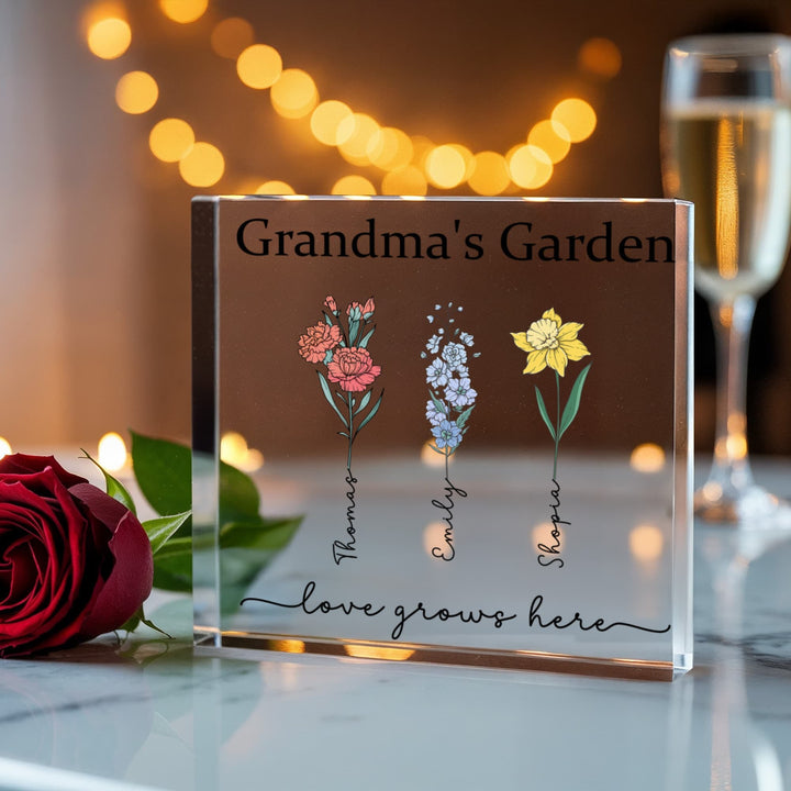 Grandma’s Garden Personalized Acrylic Block – Custom Grandkids Names & Flowers, Gift for Grandma Nana Mimi - Whimsical Shoppe