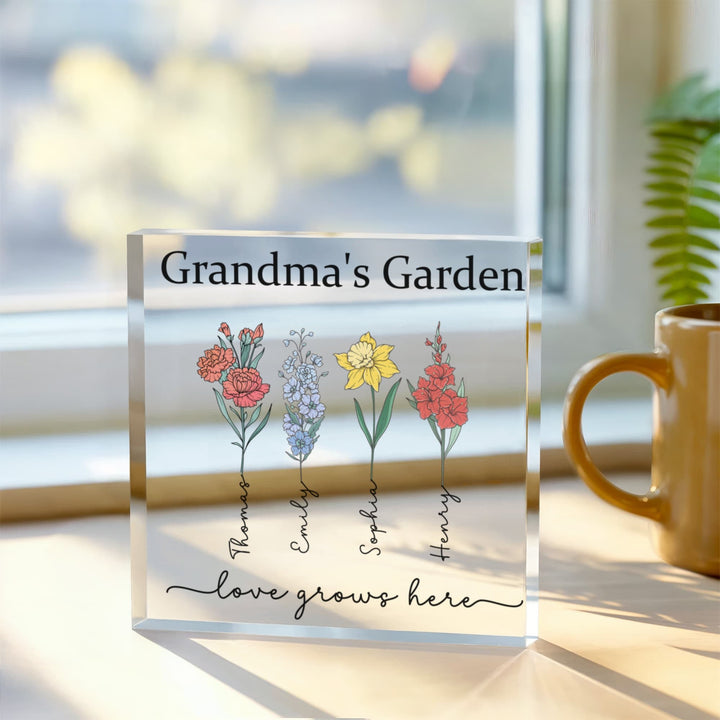 Grandma’s Garden Personalized Acrylic Block – Custom Grandkids Names & Flowers, Gift for Grandma Nana Mimi - Whimsical Shoppe