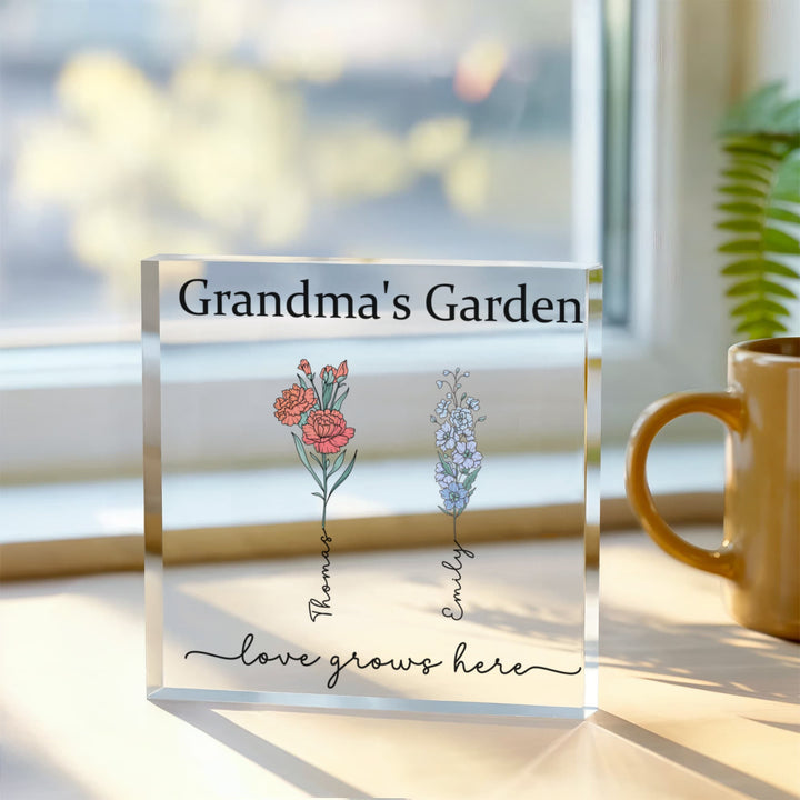 Grandma’s Garden Personalized Acrylic Block – Custom Grandkids Names & Flowers, Gift for Grandma Nana Mimi - Whimsical Shoppe
