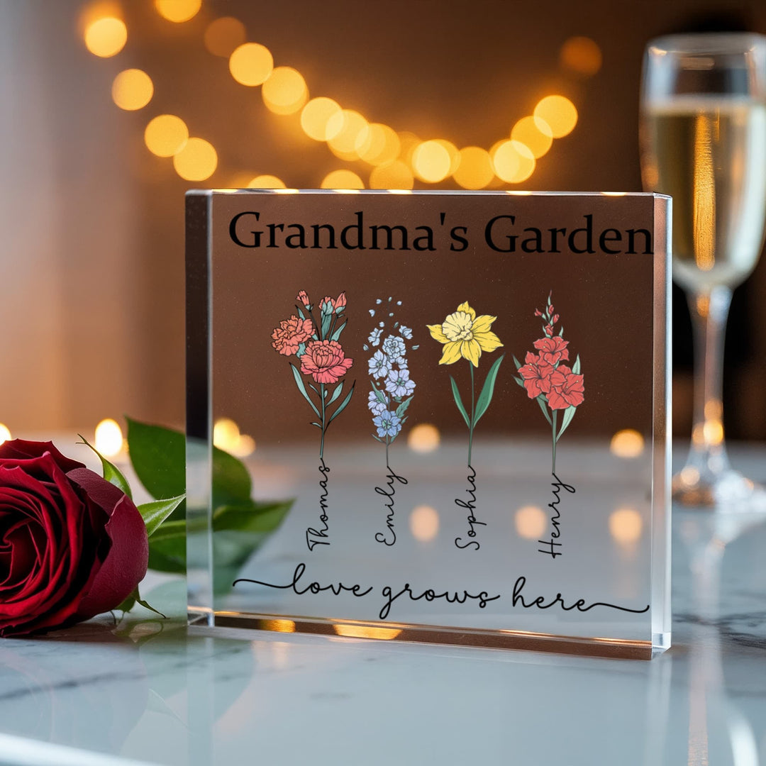 Grandma’s Garden Personalized Acrylic Block – Custom Grandkids Names & Flowers, Gift for Grandma Nana Mimi - Whimsical Shoppe