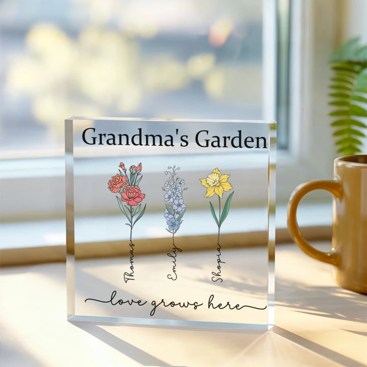 Grandma’s Garden Personalized Acrylic Block – Custom Grandkids Names & Flowers, Gift for Grandma Nana Mimi - Whimsical Shoppe
