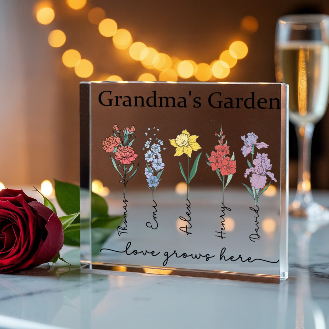 Grandma’s Garden Personalized Acrylic Block – Custom Grandkids Names & Flowers, Gift for Grandma Nana Mimi - Whimsical Shoppe