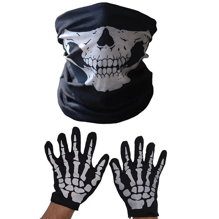 Halloween Skull Mask & Skeleton Gloves Set – Multi - Purpose Scarf Chin Mask (19" × 9.5") - Whimsical Shoppe