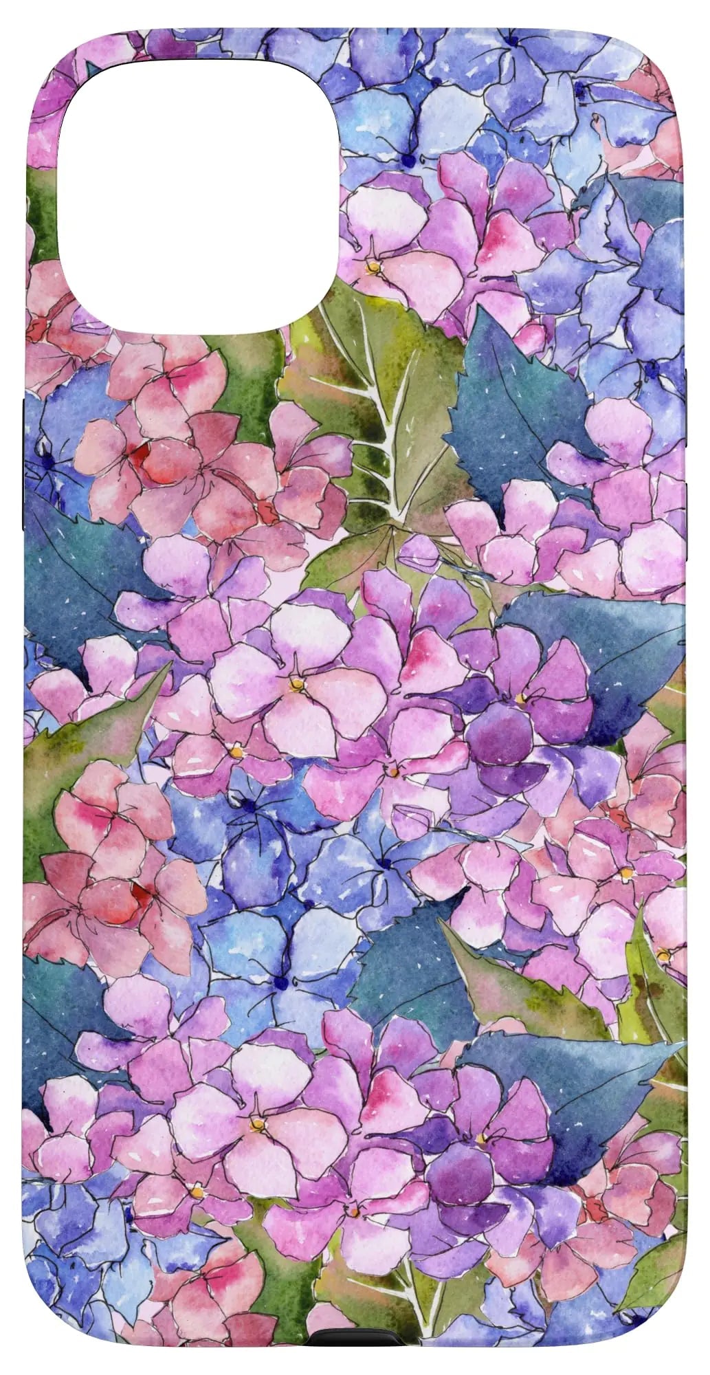 iPhone 15 Plus Hydrangea Case – Pretty Pink/Purple/Blue Floral, 2 - Part Protective (PC + TPU), Printed in USA - Whimsical Shoppe