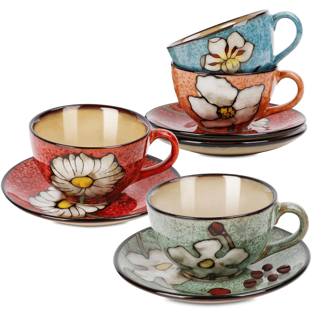 Katathani Cappuccino Cups Set of 4，Rustic Stoneware Tea Cup & Saucer Set - Hand - Painted Floral - Whimsical Shoppe