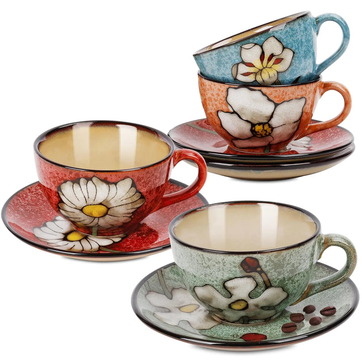 Katathani Cappuccino Cups Set of 4，Rustic Stoneware Tea Cup & Saucer Set - Hand - Painted Floral - Whimsical Shoppe