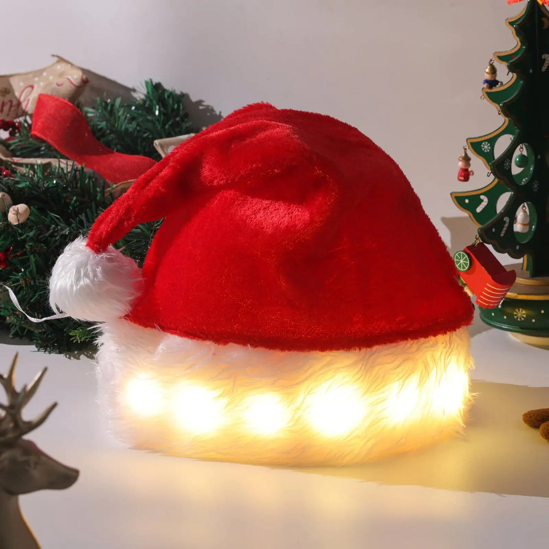 LED Light - Up Santa Hat – Plush Christmas Hat for Kids & Adults, 20 - Color Twinkling LEDs (Batteries Included) - Whimsical Shoppe