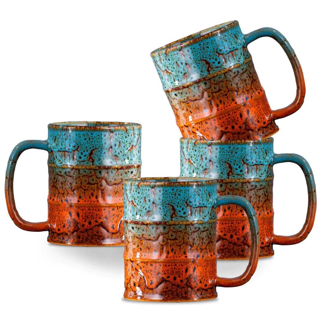 LGQ Barrel Coffee Mugs Set - Reactive Glaze Blue & Orange (4 - Pack) - Whimsical Shoppe