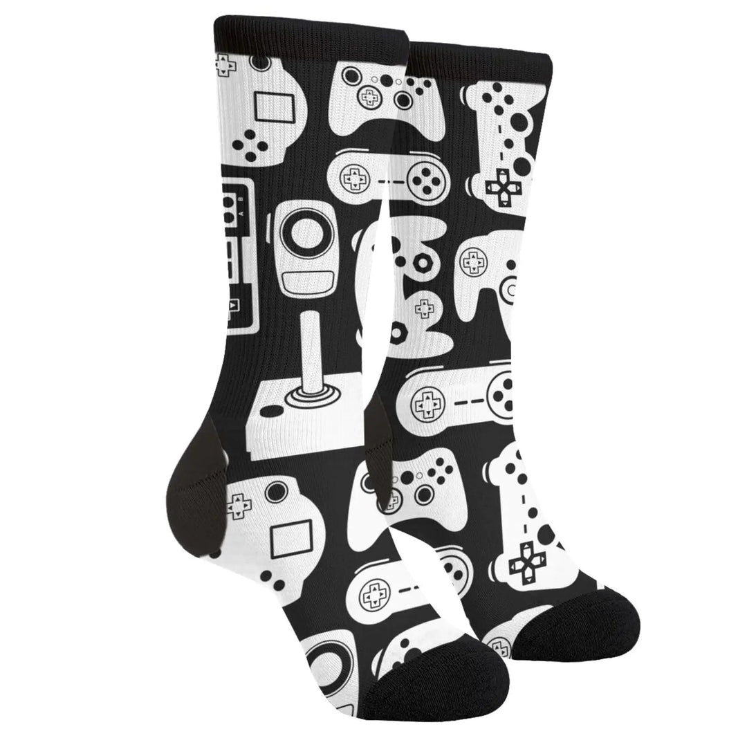 Men's Novelty Gamer Controller Socks - Black & White Crew - Whimsical Shoppe