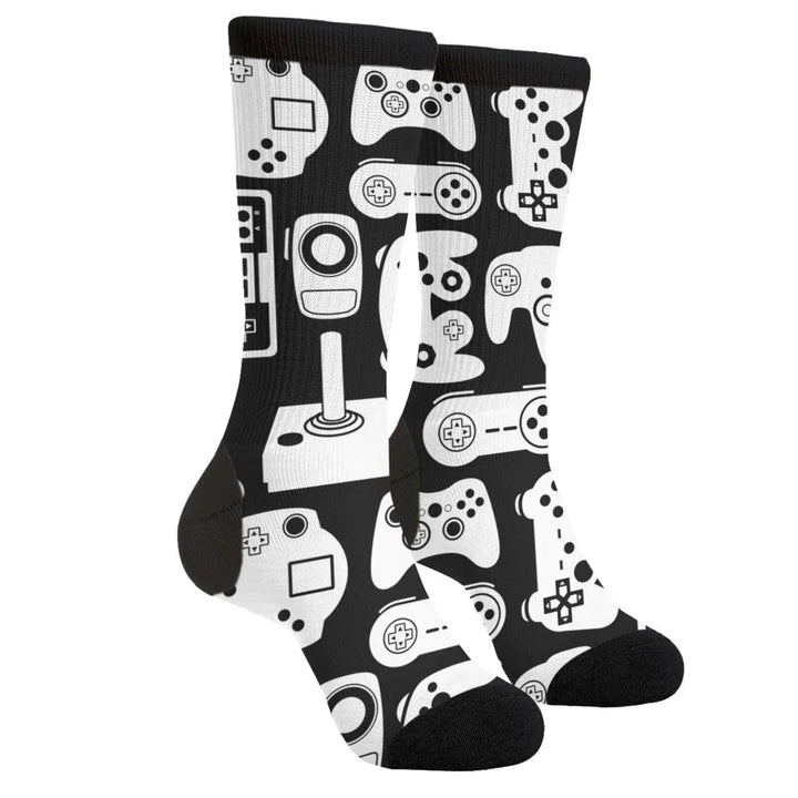 Men's Novelty Gamer Controller Socks - Black & White Crew - Whimsical Shoppe