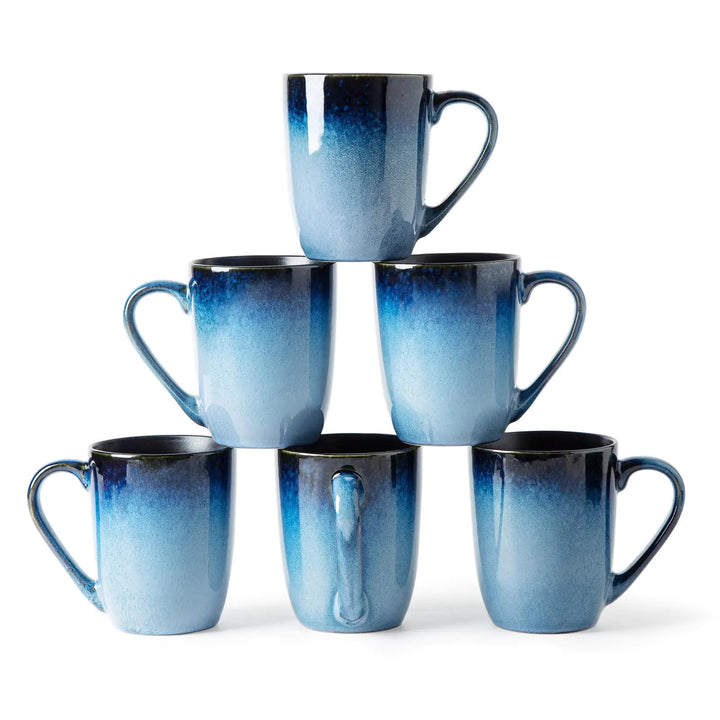 MONITO 14 OZ Ceramic Reactive Glaze Coffee Mug Set - Ocean Blue Ombre (6 - Pack) - Whimsical Shoppe