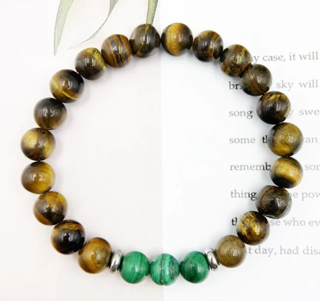Natural Malachite & Tiger Eye Beaded Bracelet - Stainless Steel (8mm) - Whimsical Shoppe