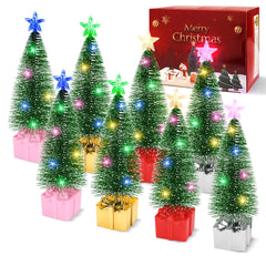 Mini Christmas Trees with Lights (8-Pack) – 7.1" Tabletop LED Trees w/ Gift-Box Base, Batteries Included
