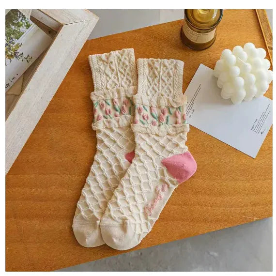 Retro Tulip Floral Cotton Socks