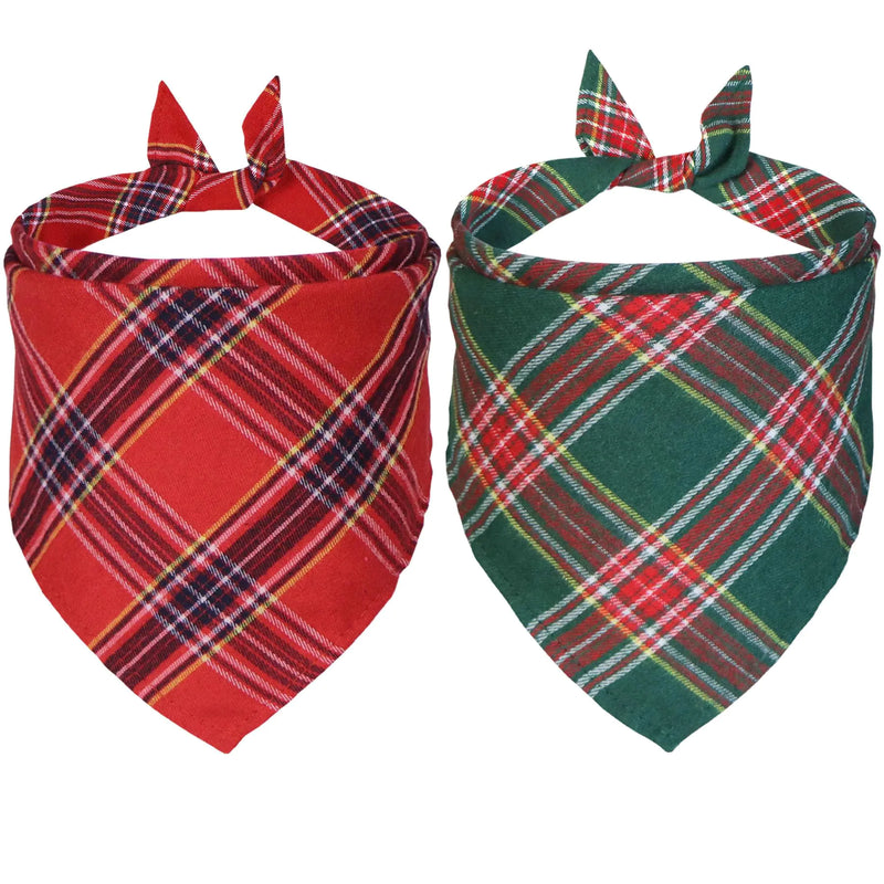 JOTFA 2-Pack Christmas Dog Bandanas – Red & Green Plaid Holiday Scarf Set for Large & Extra-Large Dogs (Cotton, Adjustable)