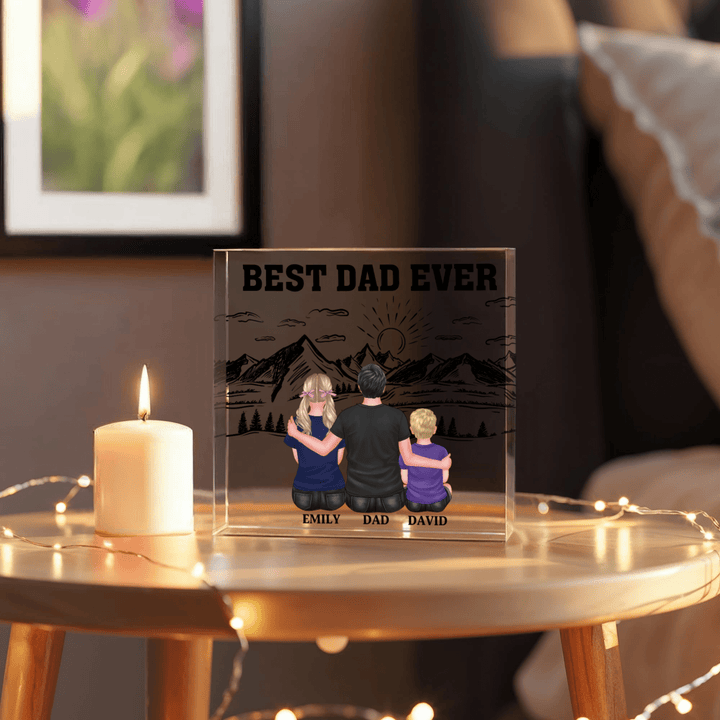 Personalized "Best Dad Ever" Family Acrylic Block - Mountain Design (6" x 6") - Whimsical Shoppe