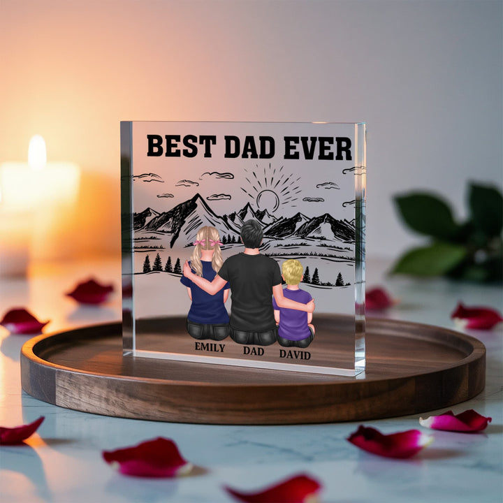 Personalized "Best Dad Ever" Family Acrylic Block - Mountain Design (6" x 6") - Whimsical Shoppe