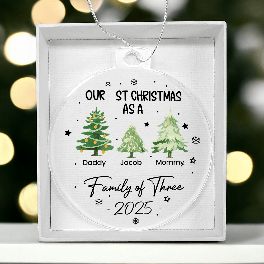 Personalized Family of Three 1st Christmas Acrylic Ornament (3.9") - Whimsical Shoppe