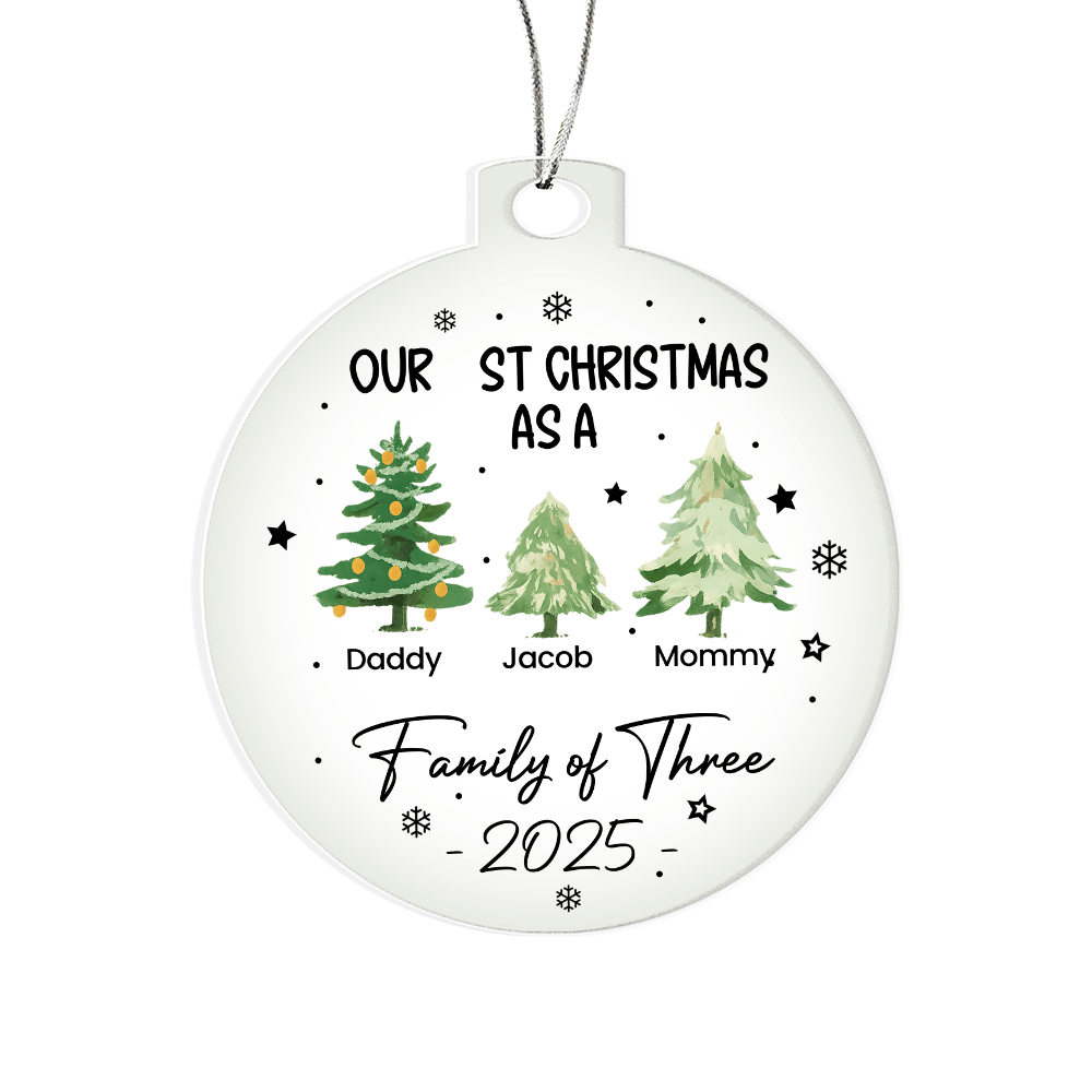Personalized Family of Three 1st Christmas Acrylic Ornament (3.9") - Whimsical Shoppe