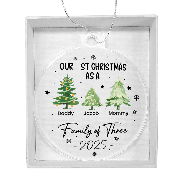 Personalized Family of Three 1st Christmas Acrylic Ornament (3.9") - Whimsical Shoppe