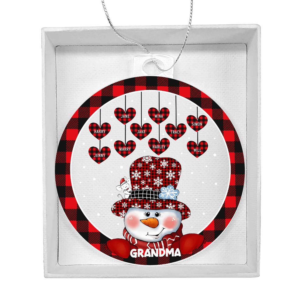 Personalized Grandma Snowman Ornament - Plaid Hearts & Names - Whimsical Shoppe