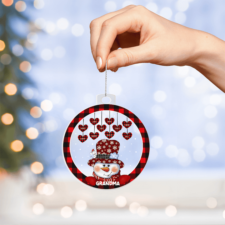 Personalized Grandma Snowman Ornament - Plaid Hearts & Names - Whimsical Shoppe