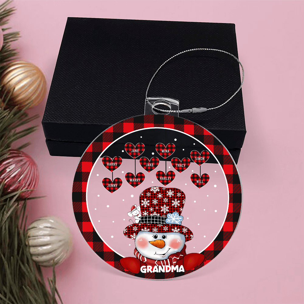 Personalized Grandma Snowman Ornament - Plaid Hearts & Names - Whimsical Shoppe