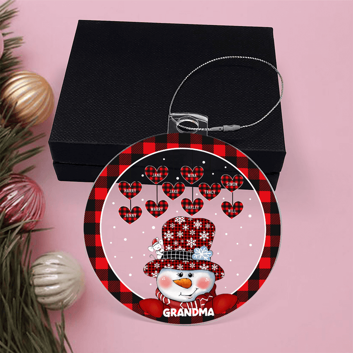 Personalized Grandma Snowman Ornament - Plaid Hearts & Names - Whimsical Shoppe