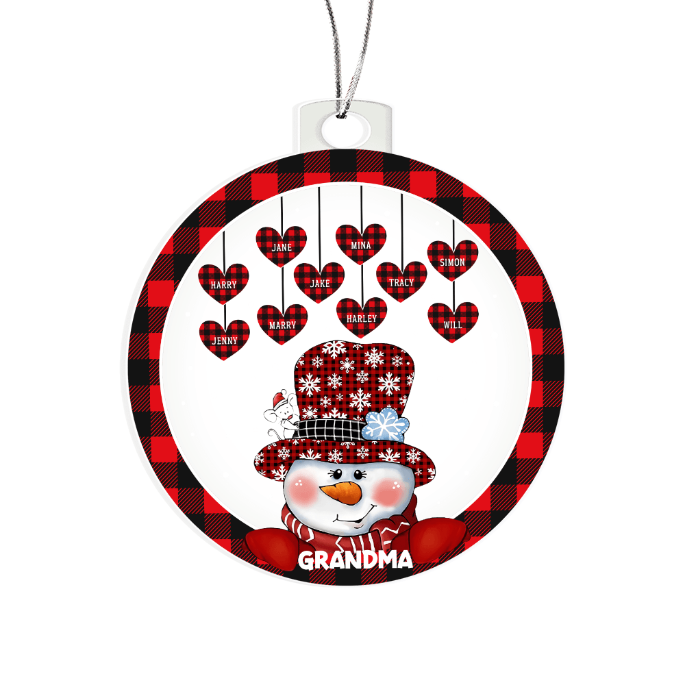 Personalized Grandma Snowman Ornament - Plaid Hearts & Names - Whimsical Shoppe