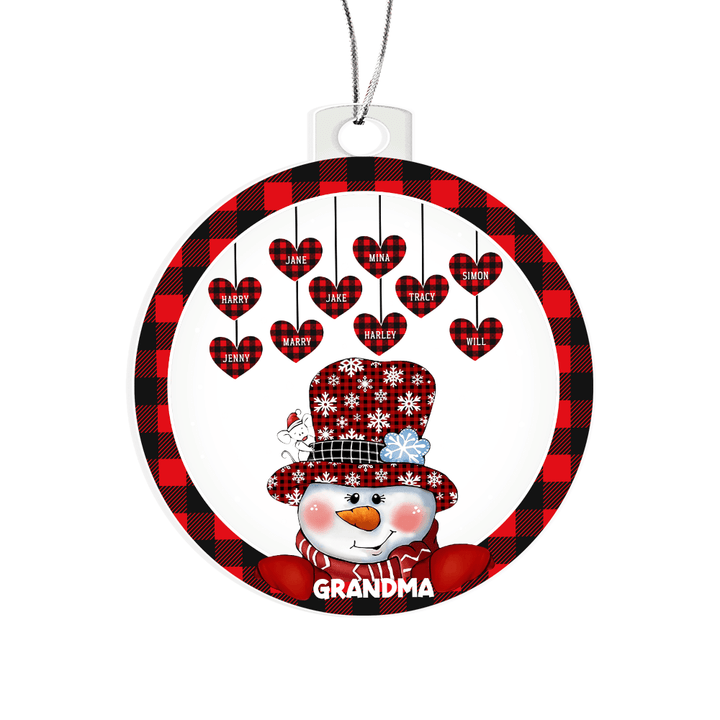 Personalized Grandma Snowman Ornament - Plaid Hearts & Names - Whimsical Shoppe