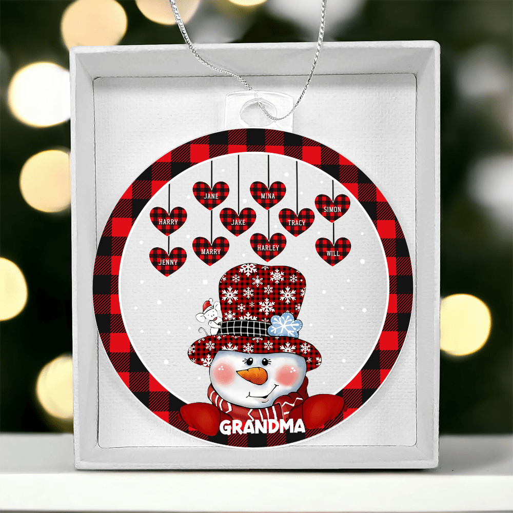 Personalized Grandma Snowman Ornament - Plaid Hearts & Names - Whimsical Shoppe