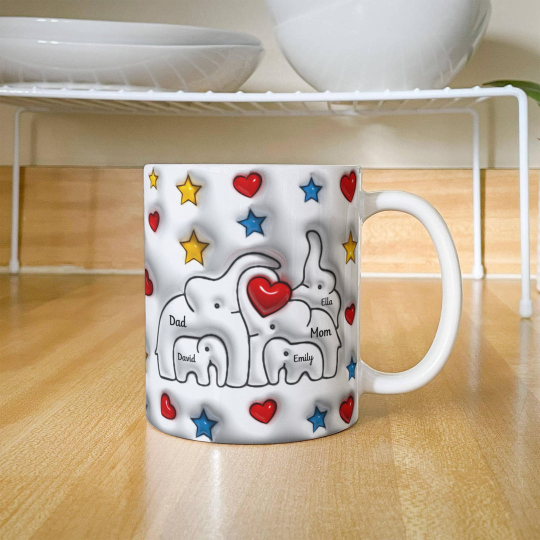 Personalized Mom & Dad plus 3 Children Elephant Heart Family Mug - Ceramic, 11 oz. - Whimsical Shoppe