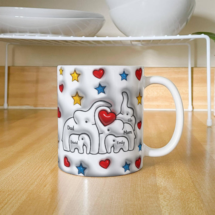 Personalized Mom & Dad plus 3 Children Elephant Heart Family Mug - Ceramic, 11 oz. - Whimsical Shoppe
