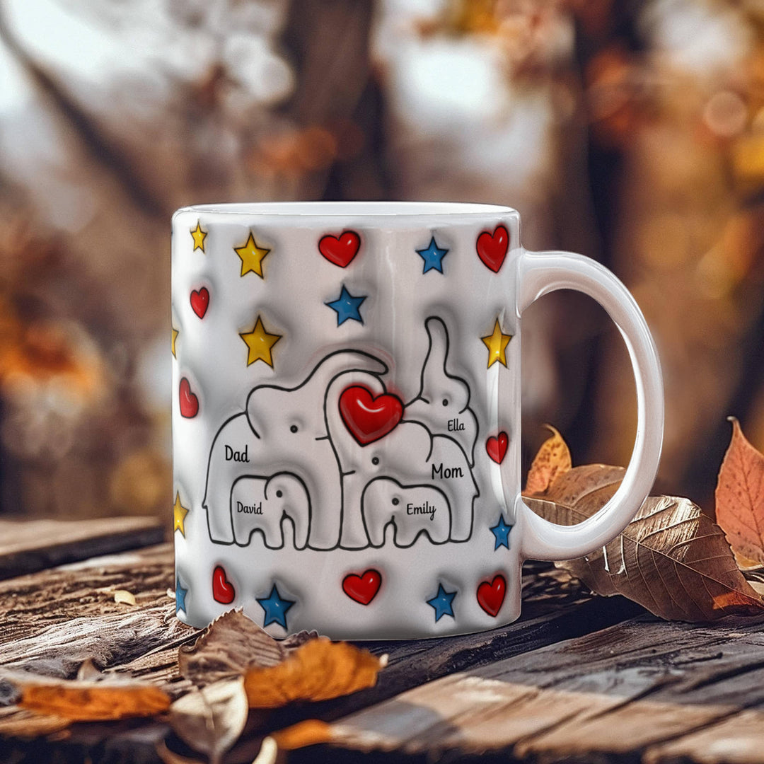 Personalized Mom & Dad plus 3 Children Elephant Heart Family Mug - Ceramic, 11 oz. - Whimsical Shoppe