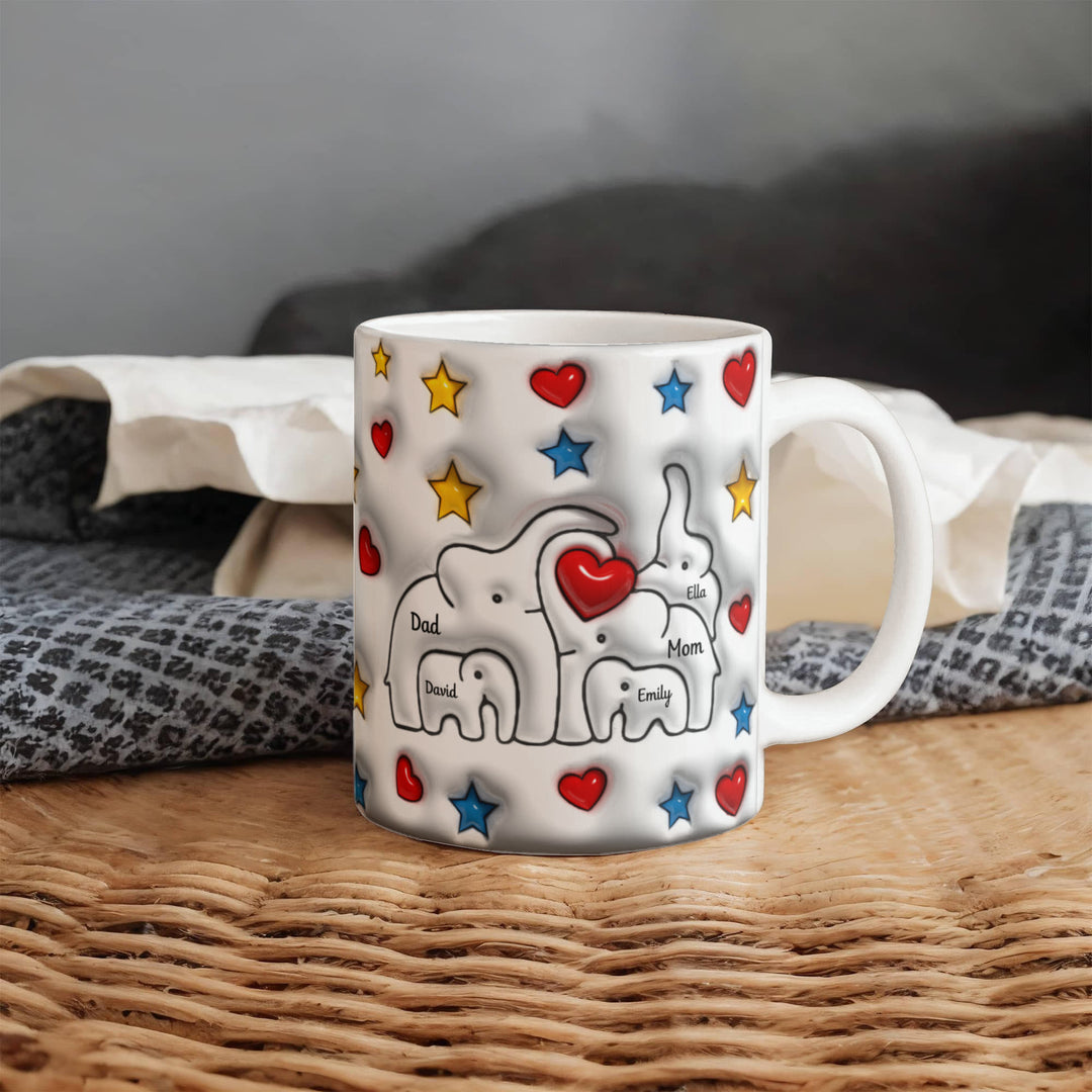 Personalized Mom & Dad plus 3 Children Elephant Heart Family Mug - Ceramic, 11 oz. - Whimsical Shoppe