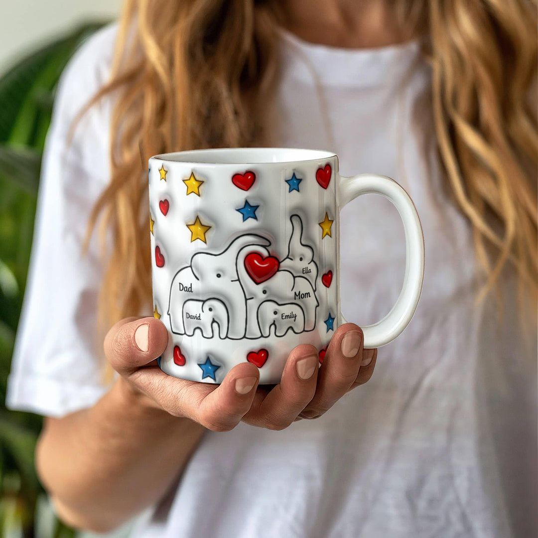 Personalized Mom & Dad plus 3 Children Elephant Heart Family Mug - Ceramic, 11 oz. - Whimsical Shoppe