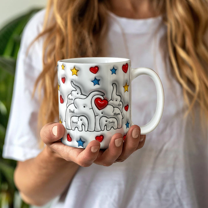 Personalized Mom & Dad plus 4 children Elephant Heart Family Mug - Ceramic, 11 oz. - Whimsical Shoppe